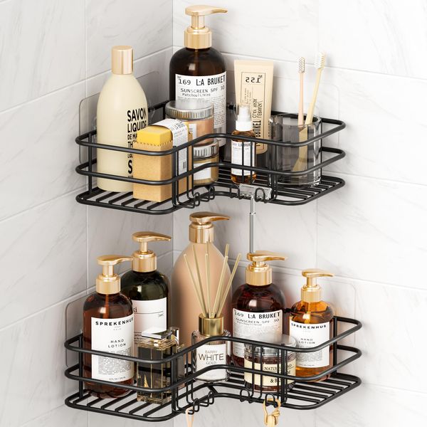 WELDUN Corner Shower Caddy, No Drilling Bathroom Shelf Organiser, Stainless Steel Shower Storage Rack with Soap Razor Holder