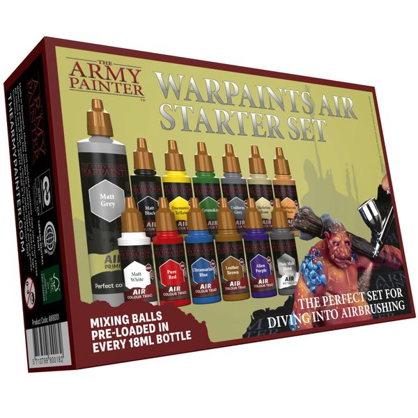 The Army Painter, Warpaints Air Starter Set, 12 x 18ml Vorgemischte Acrylfarben für Airbrush,1 Grau Grundierung, Airbrush Farben Set für Wargames Tabletop Miniaturen & Modellbau