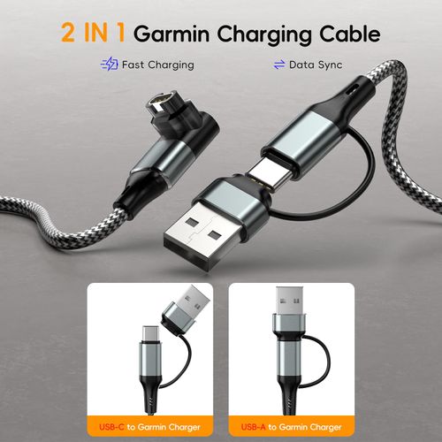 YaCeSyn USB C & USB A 2 in 1 Charger Cable for Garmin Watch, [2 Pack 3.3FT] L-Shape Braided Charging Cord for Forerunner, Fenix, Vivoactive, Venu, Instinct, Approach, Tactix, D2, Quatix