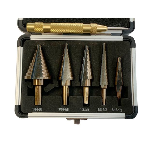 CMT Step Drill Bit Set & Automatic Center Punch Unibit, Cobalt Titanium Set, 5pc