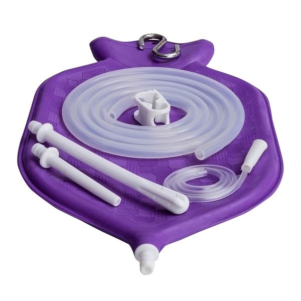 HealthAndYoga NaturoFlo Superior Enema Bag Kit - 2 Quart Fountain Open top – Silicone Hose and Fittings - Purple