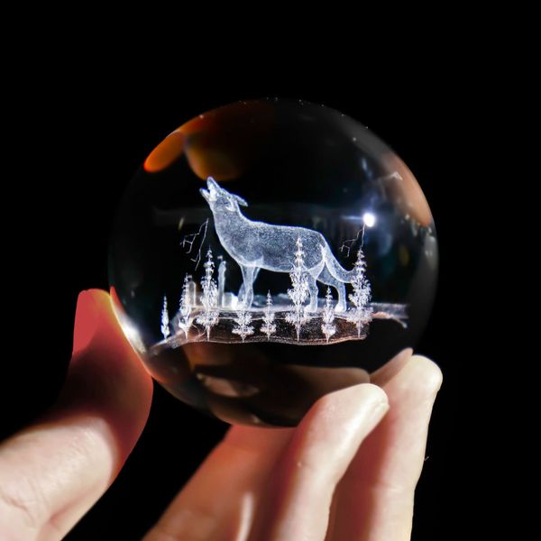 60mm Wolf Crystal Ball with Stand 3D Laser Engraved Decorative Glass Sphere Paperweight(Clear)