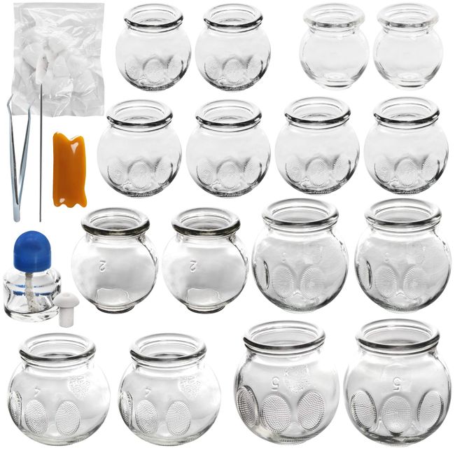 Professional Chinese Acupoint Cupping Therapy Sets, 16 Pcs Glass Cupping Set