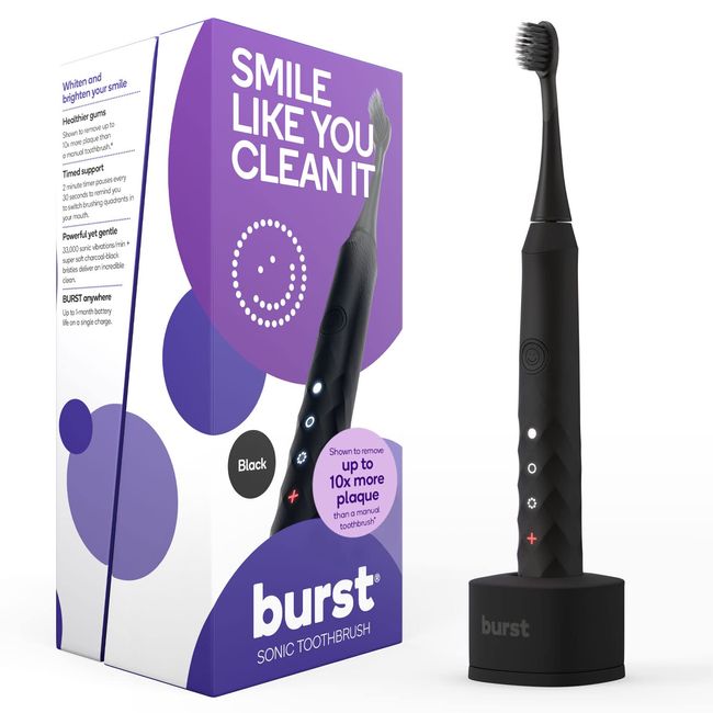 Burst Electric Toothbrush for Adults - Charcoal Black Soft Bristle Toothbrush for Deep Clean, Stain & Plaque Removal - 3 Sonic Toothbrush Modes: Teeth Whitening, Sensitive, Massage - Black