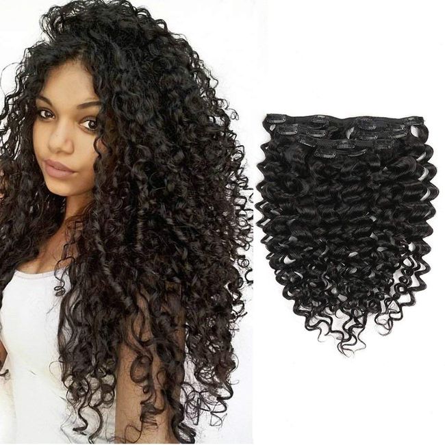 Clip In Kinky Straight Human Hair Extensions Clips In Extension Full Head  Brazilian Clip on Curly #1B Hair Extension For Women