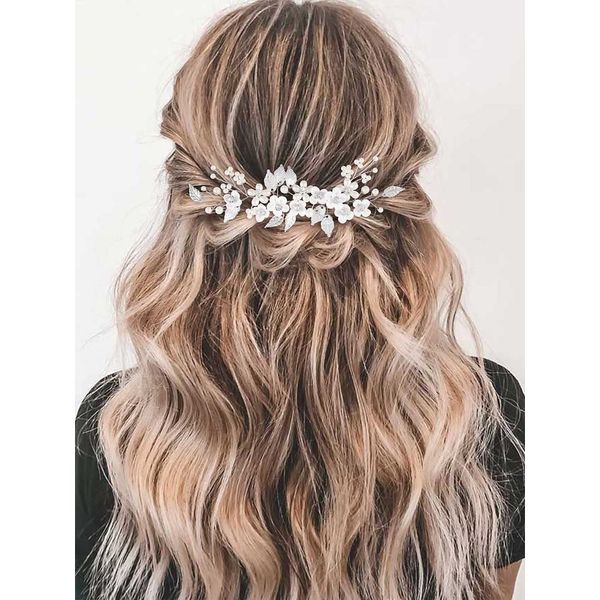 GORAIS Flower Bride Wedding Hair Vine Silver Pearl Bridal Headpiece Floral Leaf Hair Piece Hair Accessories for Women and Girls