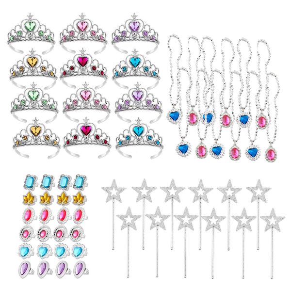 S & E TEACHER'S EDITION 60 Pcs Princess Pretend Play Dress Up Set 12 Crowns 12 Wands 24 Rings 12 Nacklaces Princess Jewelry Toys for girls Costume Party Accessories