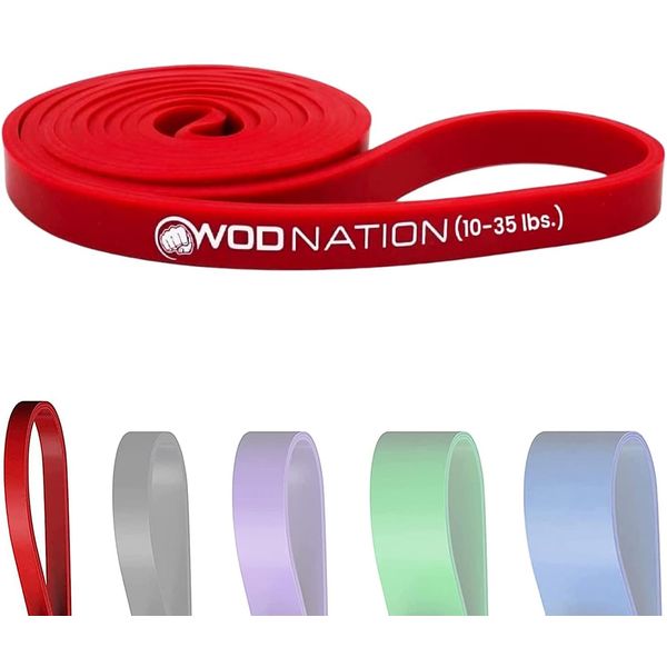 WOD Nation Single Pull Up Assistance Band (10-35lbs Red Band) - Best for Pullup Assist, Chin Ups, Resistance Bands Exercise, Stretch, Mobility Work & Serious Fitness - 41 inch Straps