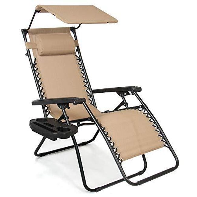 Folding Zero Gravity Outdoor Recliner Patio Lounge Chair w/Adjustable Canopy Shade, Headrest, Side Accessory Tray, Textilene Mesh - Beige