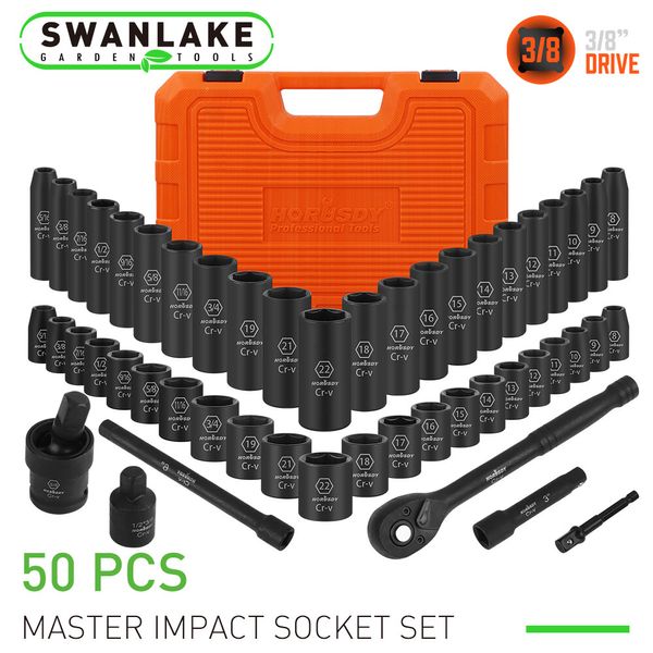 50PC 3/8" Drive Impact Socket Set Deep & Standard SAE Metric 5/16 - 3/4 8 - 22MM