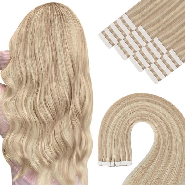 YoungSee Echthaar Extensions Tape Blond 40 cm Tape in Extensions Echthaar Aschblond Strahnchen Blond Tape Extensions Remy Hair Extensions Tape in Invisible Tape Extensions Echthaar 50g #18/613