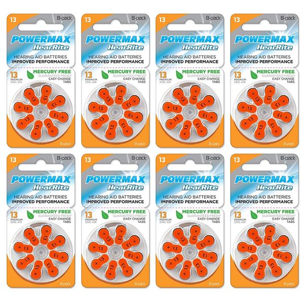 Powermax Size 13 Hearing Aid Batteries, Orange Tab, 64 Count