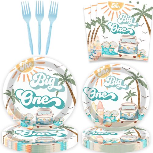 80 Pcs Summer Beach The Big One Tableware Boy Surfing 1st Birthday Paper Dinner Plates Napkins Forks Dinnerware for Surf Board Sun Retro Van Wave Theme Surf 1st Bday Baby Shower Party Supplies