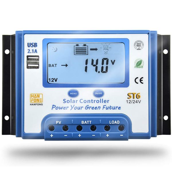 30A Solar Charge Controller 12V/24V Automatic Voltage Recognition Solar Panel Charging Discharge Regulator with Dual 5V USB Output Backlight LCD Display