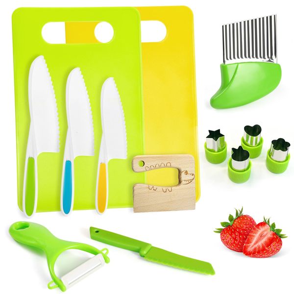 Chanking 13 Pcs Montessori Kitchen Tools for Toddlers Kids Cooking Sets Safe Knife Set for Real Cooking Include Toddler Knives Cutting Boards Sandwich Cutters Peeler for Birthday