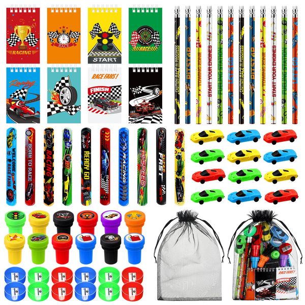 Shappy 84 Pcs Race Car Party Favors Racing Stationery Set Spiral Notebook Slap Bracelets Pencils Erasers Sharpeners Stampers Organza Bags for Racing Theme Classroom Prize Gift Birthday Party Supplies