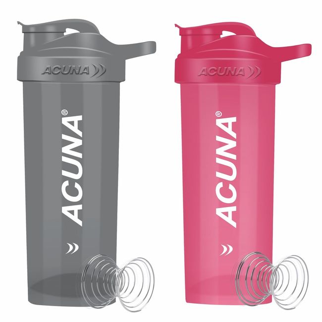 ACUNA Protein Shaker Bottle - 700ml / 24oz (Pack of 2) | Premium Protein Shaker With Mixing Ball For Lumps Free Protein Shakes, Leakproof Shaker Perfect For Fitness & Workout Lovers (Pink & Grey)