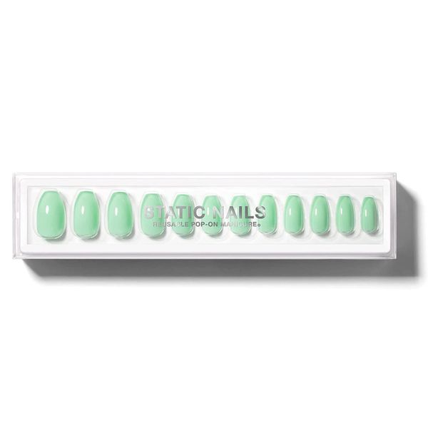 Static Nails Reusable Pop-On Manicure Set, Non-Damaging Glue-On Nails (Mint Money Coffin) - False Nails with Static Nail Glue, Nail Set, Fake Acrylic Press On Nails