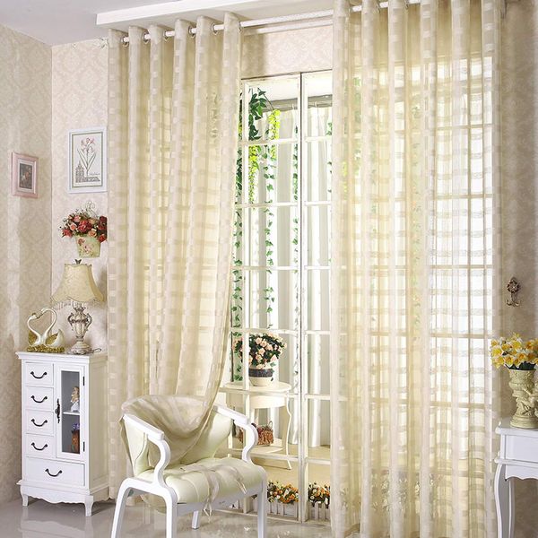 JAIJY 78" Volie Semi Screen 2Pc Tulle Backdrop Curtains Buffalo Check Striped Gingham Sheer Linen Fabric Window Curtain Panel Decorative Grommet Top Bedroom Drapes, 2 Panels, 78 inch Length, Beige