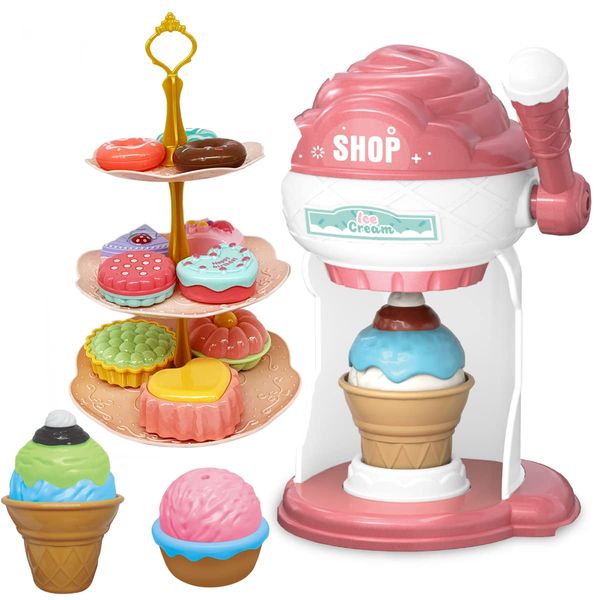 Ice Cream Parlour Playset–ice Cream machineand ，Donut，Cookie Cake and Desserts Tower Stand, Pretend Play Food Toy Set for Kids，Play Food and Accessories Kids Kitchen Accessories Set,for Toddlers