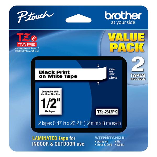 Brother Genuine P-Touch, TZe-231 2 Pack Tape (TZE2312PK) ½”(0.47”) x 26.2 ft. (8m) 2-Pack Laminated P-Touch Tape, Black on White