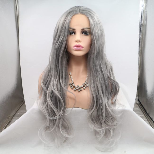 Ombre Light Grey Synthetic Lace Front Wigs Friendly Safety Long Synthetic Hair Pastel Gray Wigs for Women Ladies Cosplay Makeup Party Travel Wig 24 Inch (Ombre Light Grey)