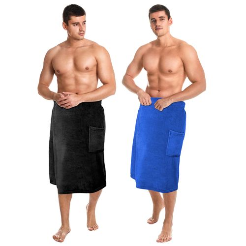 Tudomro 2 Pcs Men's Bath Wrap Towel X-Large Shower Adjustable Terry Body Spa Towel with Pocket After Shower Wrap for Men Gift Spa College Bath Dorm Room Gym(Black, Bright Blue)
