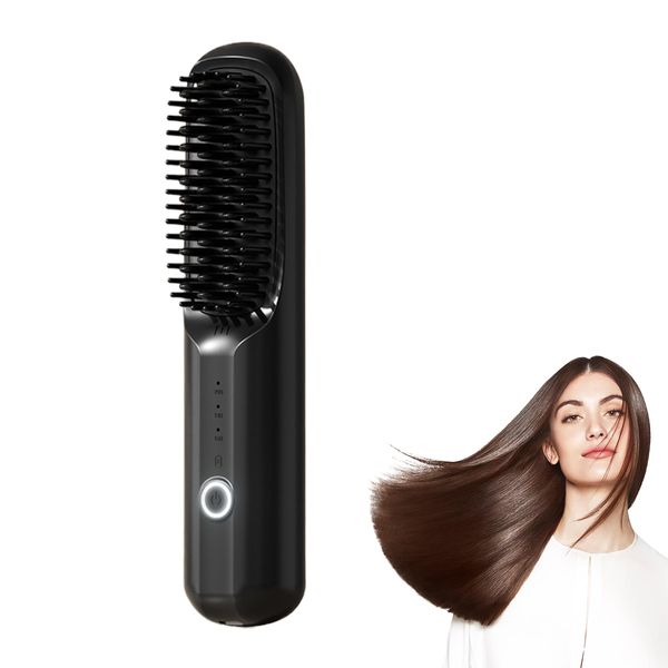 Xumann Negative Ion Hair Straightener Brush, Cordless Heated Brush Portable, 3 Temp Settings, Wet to Dry Hair Straightener