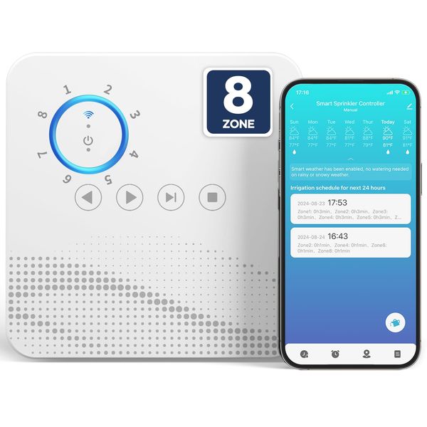 tolviviov Smart Sprinkler Controller, 8-Zone WiFi Irrigation Controller, App Enabled, Simple Automated Watering Scheduling, Local Weather Intelligence, Rain, Freeze Skip