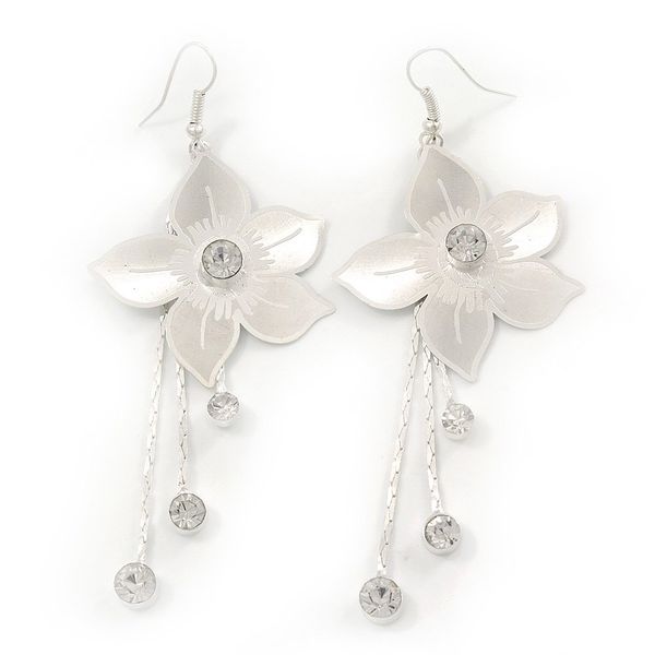 Long Flower With Crystal Dangles Earrings/Light Silver Tone/ 9cm L