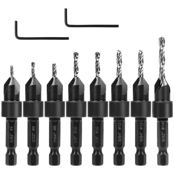 10pcs Countersink Drill Bit Set, Counter Sink Drill Bit for Wood with Wrenches Woodworking Countersink Bit Adjustable Depth for #4#6#8#10#12#14 Screws in Hard Wood Plastic Plate