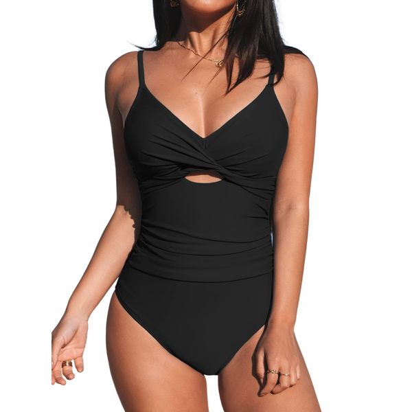 CUPSHE One Piece Swimsuit for Women Bathing Suits Twist Front Cutout Adjustable Straps Ruched Swimwear L, Black