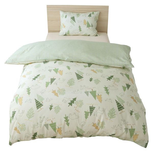 Merry Night MN12152-53 Comforter Cover, "Nordic Tree/Gingham Check", Green, Single Long, Approx. 59.1 x 82.7 inches (150 x 210 cm), Reversible Design, Can Be Used on Both Sides, Includes 8 Inner Snap