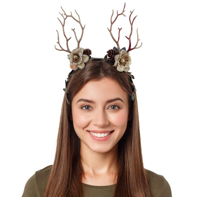 Makone Antlers Headband Carnival Reindeer Ears Headband, Adjustable Antlers Flowers Headband Children And Adult Christmas Party Supplies