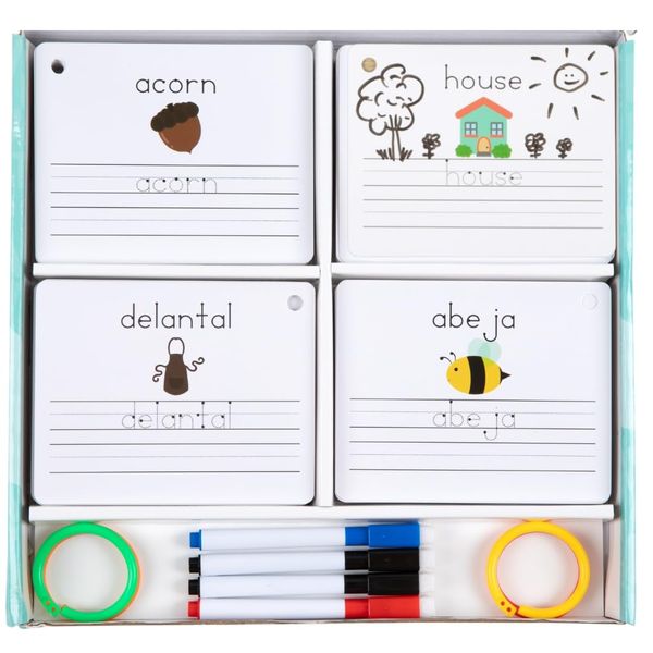 Dry Erase Spanish Flash Cards for Kids | English - Spanish Alphabet Flash Cards for Beginners - Set of 200 ESL Teaching and Learning Bilingual Flash Cards for Writing and Reading Games.