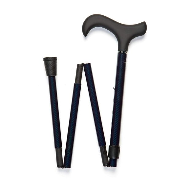 Carbon Fibre Folding Walking Stick Cane Blue Basket Weave Pattern with a Soft Grip