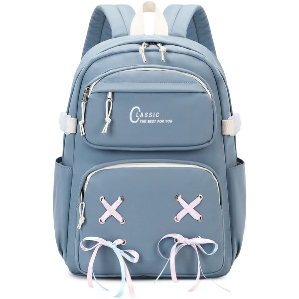 El-fmly Lightweigt School Bookbag Anti Theft Travel Daypack Backpack with Cute Ribbon for Kids Teen Girls Children (Gray blue)