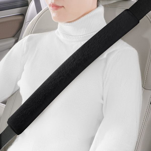 LACDL Extra Long Seatbelt Cover Super Soft Furry for Adults Kids Women & Men, Thick Plush Full Car Seat Belt Strap Cushion, Fluffy Shoulder Pad Protector, Auto Interior Accessories, 1pc, Black, 15.5in