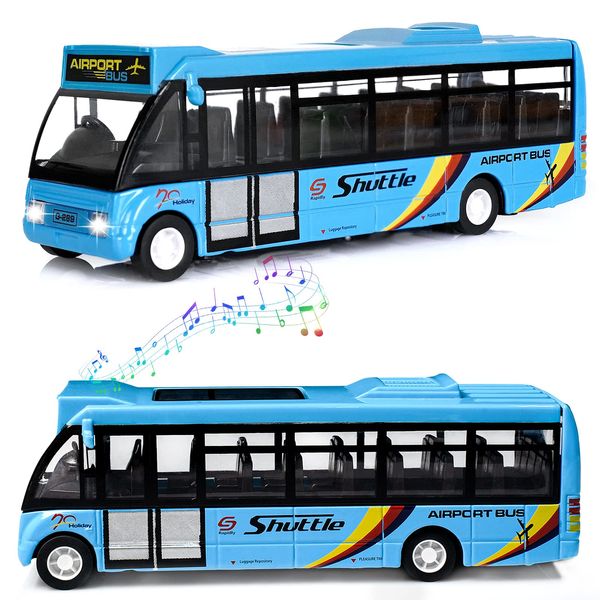 Crelloci City Bus Toys Cars, Die-Cast Metal Airport Cars for Boy 3-8 Years Old, Pull Back Blue Play Vehicle with Sound and Light Up for Kids Girls Gift