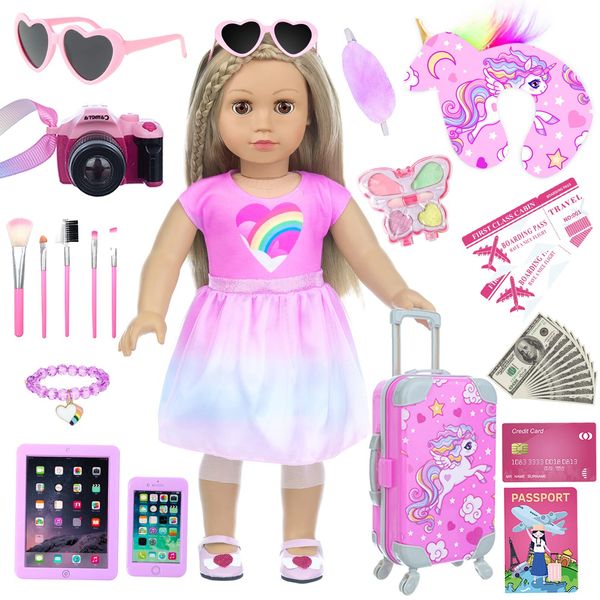 DOTVOSY 29 Pcs American 18 Inch Doll Clothes and Accessories Travel Suitcase Set Designed for 18" Dolls Including Pillow, Sunglasses, Camera, Passport, Phone, Laptop etc