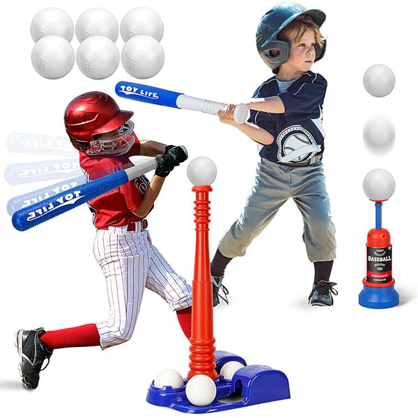 TOY Life T Ball Sets for Kids 3-5 Tee Ball Set Tball Set for Kids 5-8 Toddler Baseball Toys Pitching Machine Teeball Batting Tee Tball Bat Outdoor Toddler Toys with 6 T-Balls