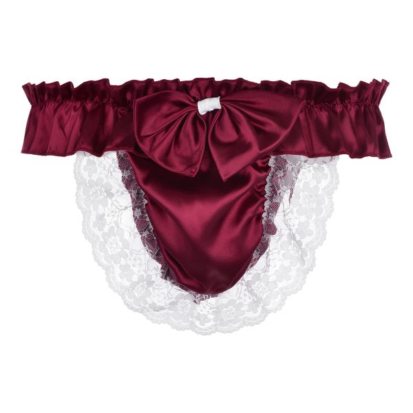 Satini Men's Satin Ruffle Bow Thong Sissy Knickers Briefs Jockstrap Panties (Wine Red, M)