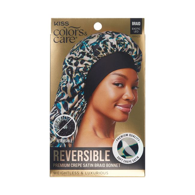 KISS COLORS & CARE Reversible Hair Bonnet for Braids - Exotic Leopard, Luxurious Satin & Breathable Material for Hair Protection from Dryness, Friction & Split Ends Overnight - for All Hair Types