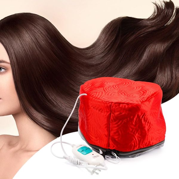 Electric Hair Steamer Cap, Hair Care Hat Heating Cap with 2 Mode Temperature Control, Removable Washable Hair Cap for Hair Spa Home Thermal (Red)