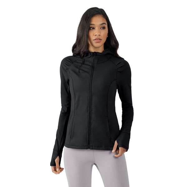 Yogalicious Slim Fit Long Sleeve Full Zip Up Hoodie Jacket - Black - Large