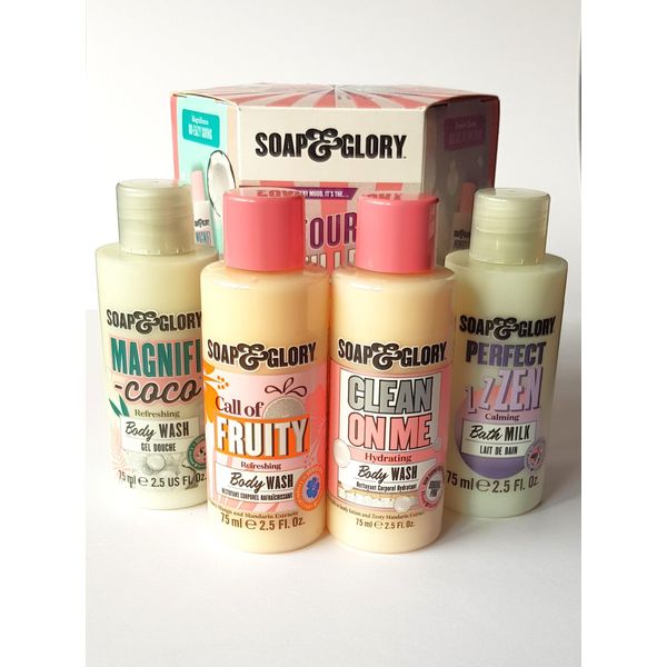 Soap & Glory - The Top Four Fillers Gift Set - Box of 4 x 75ml Shower Gel and Bath Milk - Gorgeous Bath and Body Gift Box - Soap & Glory Miniatures Collection – Toiletry Set – Delectable Scents