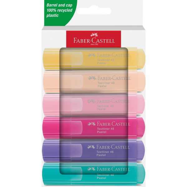 Faber-Castell 251656 - Textmarker Set 46, 6 Pastell Textmarker mit langlebiger Keilspitze, Strichbreite 1-5 mm, nachfüllbar