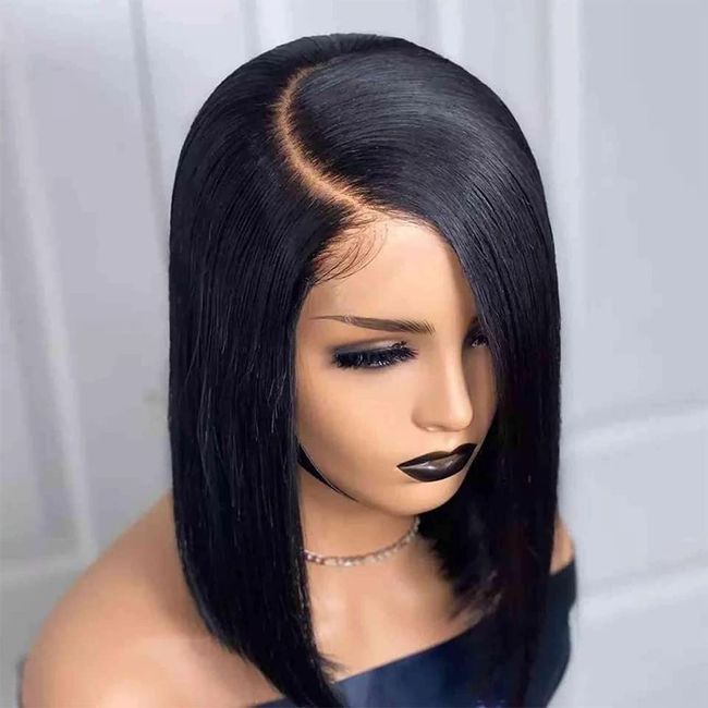 Human Hair Lace Front Wigs Bone Straight Hair Omoge Hair Wigs Side Parting Wigs For Women Shoulder Length Black Wig 180% Density 16 Inch Wig