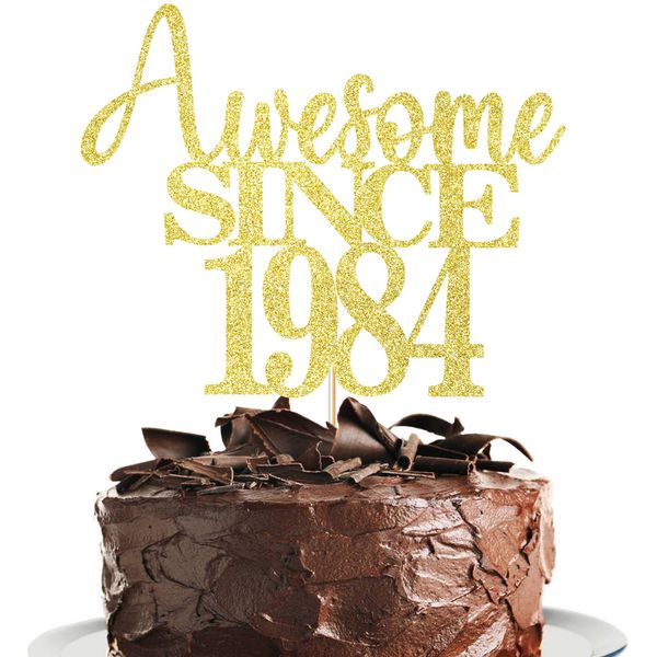 40th Awesome since1984 Cake Topper Cheers to 40 Years Birthday Cake Pick 40 Fabulous Cake Decoration for Happy 40th Birthday Anniversary Party Cake Decorations Supplies (1984, golden)