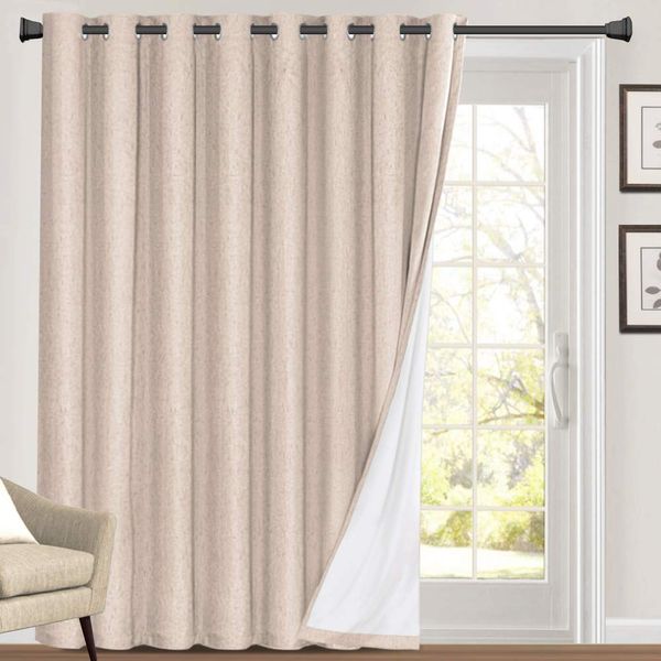 100% Blackout Linen Look Patio Door Curtain 84 Inches Long Extra Wide Thermal Insulated Grommet Curtain Drapes for Living Room / Sliding Glass Door, Primitive Winow Treatment Decoration, Natural